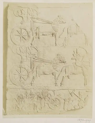 Bas-relief showing chariots, war and mounted warriors and a bivouac from Palace of Kuyunjik, period of Ashua-bari-pal (668-626 B.C.). Paris: Louvre, by Unknown, 1884