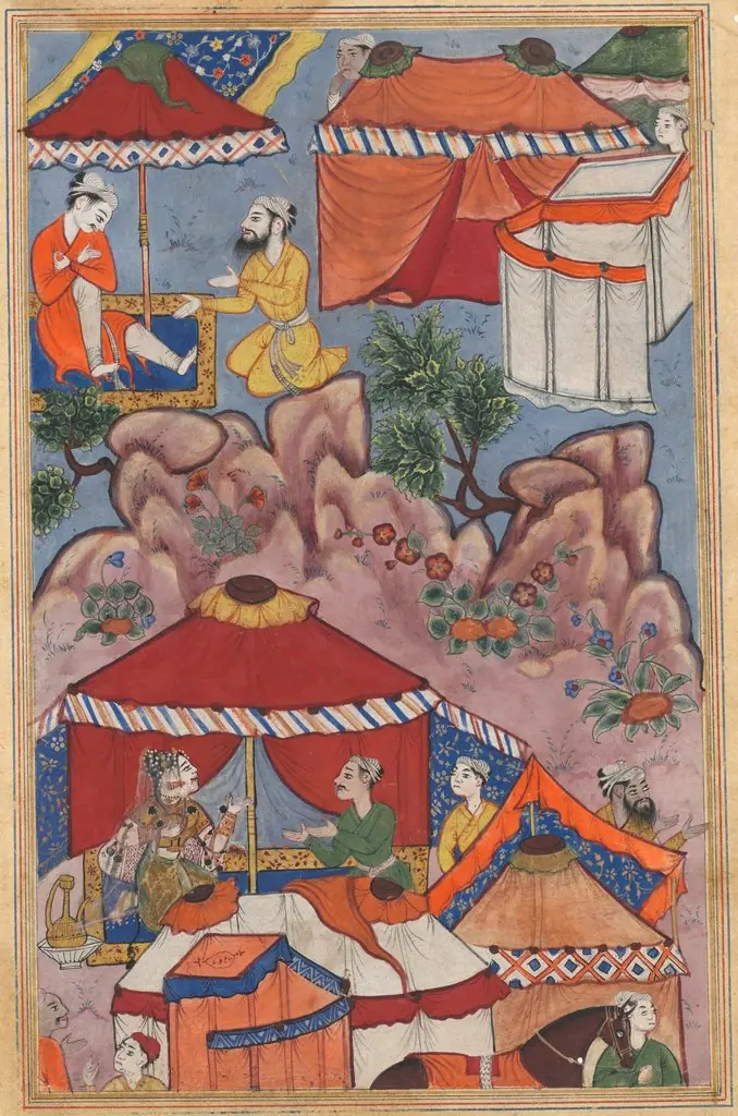 Bashir confides his love for Habbaza to an Arab friend, and sends him to her with a message, from a Tuti-nama (Tales of a Parrot): Twenty-fourth Night, by Unknown