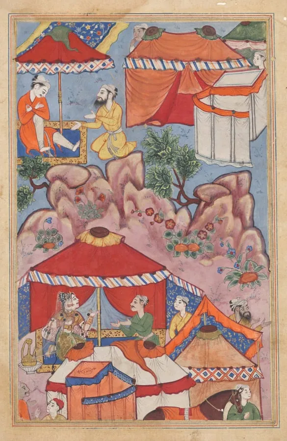 Bashir confides his love for Habbaza to an Arab friend, and sends him to her with a message, from a Tuti-nama (Tales of a Parrot): Twenty-fourth Night, by Unknown, unspecified, 1560