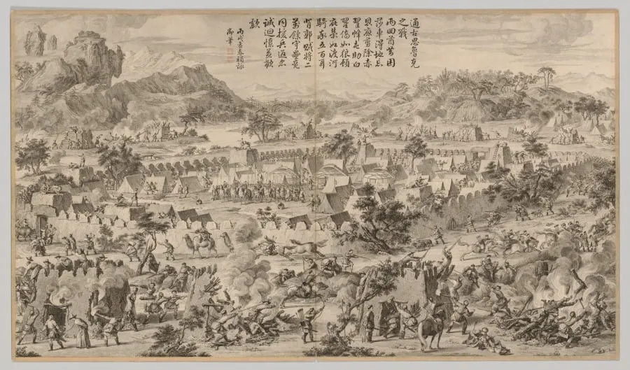 Battle at Tunggushi Luke: from Battle Scenes of the Quelling of the Rebellions in the Western Regions, with Imperial Poems, by Unknown, 1770