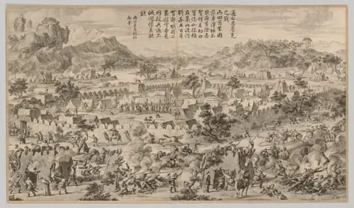 Battle at Tunggushi Luke: from Battle Scenes of the Quelling of the Rebellions in the Western Regions, with Imperial Poems, by Unknown