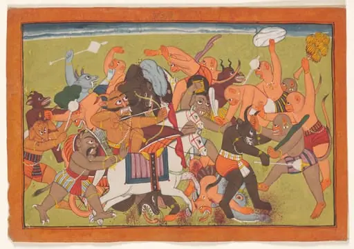 Battle between monkeys and demons, from the “Shangri” Ramayana, by Unknown
