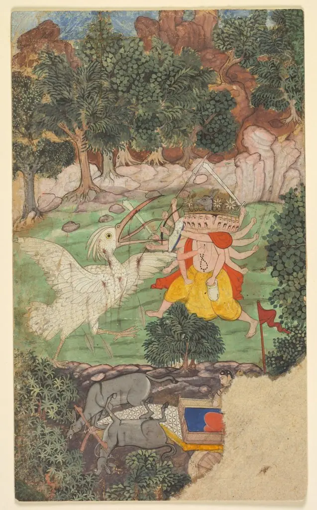 Battle of Ravana and Jatayu, from Chapters 50 and 51 of the Aranya Kanda (Book of the Forest) of Valmiki's Ramayana (Rama’s Journey); folio from the "Burnt" Ramayana, by Unknown