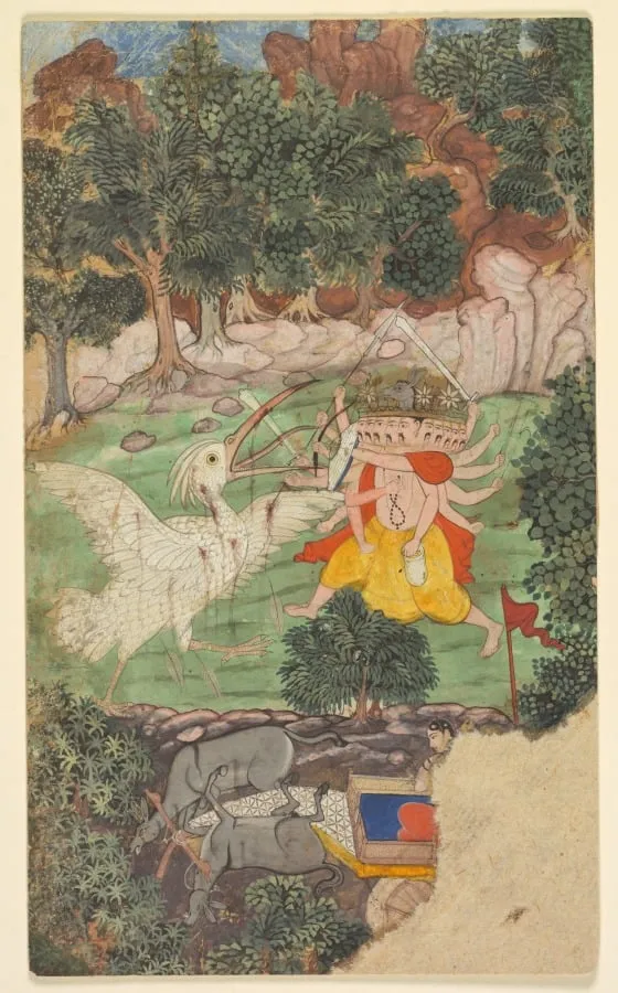 Battle of Ravana and Jatayu, from Chapters 50 and 51 of the Aranya Kanda (Book of the Forest) of Valmiki's Ramayana (Rama’s Journey); folio from the "Burnt" Ramayana, by Unknown, unspecified, 1605