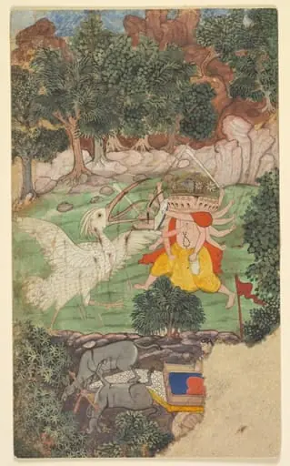 Battle of Ravana and Jatayu, from Chapters 50 and 51 of the Aranya Kanda (Book of the Forest) of Valmiki's Ramayana (Rama’s Journey); folio from the "Burnt" Ramayana, by Unknown