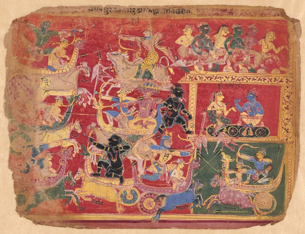 Battle of the Forces of Krishna and Bana, from a copy of the Dispersed Bhagavat Purana, by Unknown, watercolor, 1525