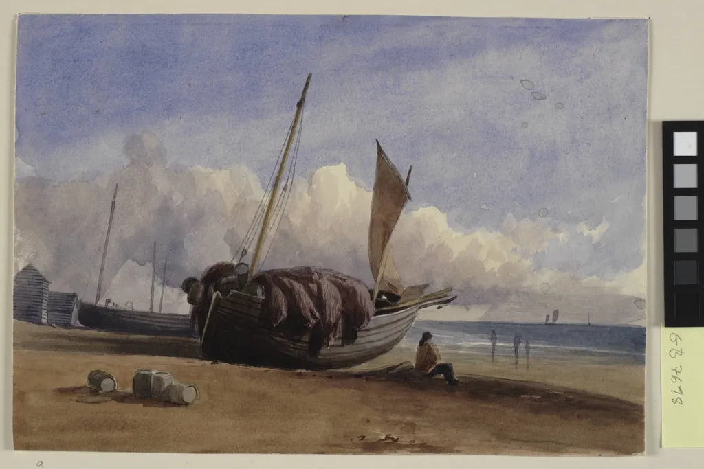 Beached fishing boat with seated fisherman, by Unknown, unspecified, 1850