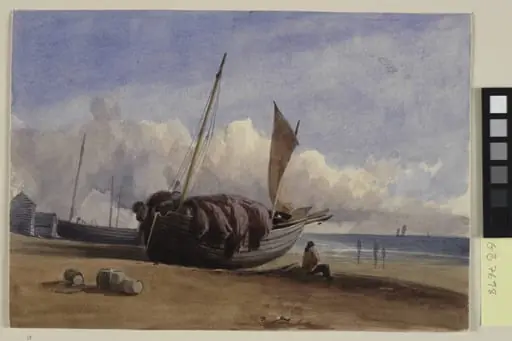 Beached fishing boat with seated fisherman, by Unknown