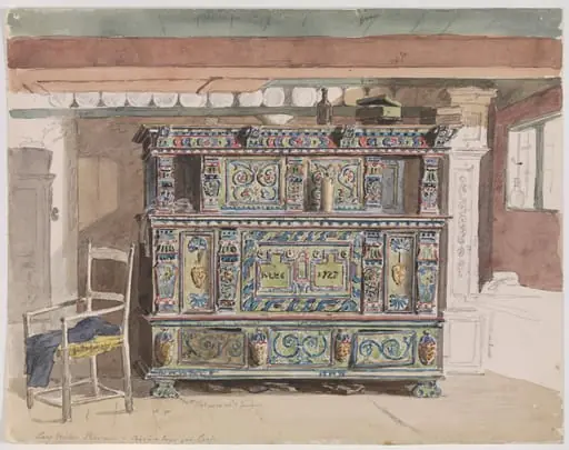 Bemalet skab, dateret 1727, i en stue fra Læsø, by Unknown