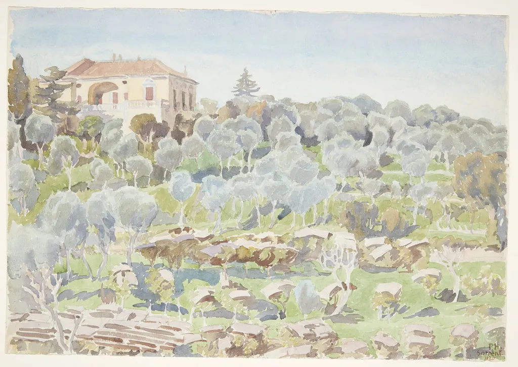 Bjergskråning med oliventræer og en villa, by Unknown, unspecified, 1920