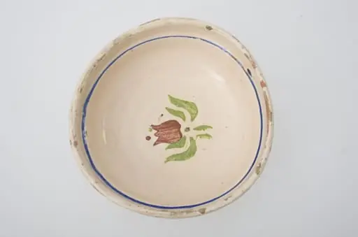 Blid de formă tronconică, adâncită; este smălțuit interior și exterior (doar buza); este decorat cu motive geometrice pe margine: linie; în centru este decorat cu motive florale: lalea. Cromatică: fond crem, maro, verde, albastru., by Unknown
