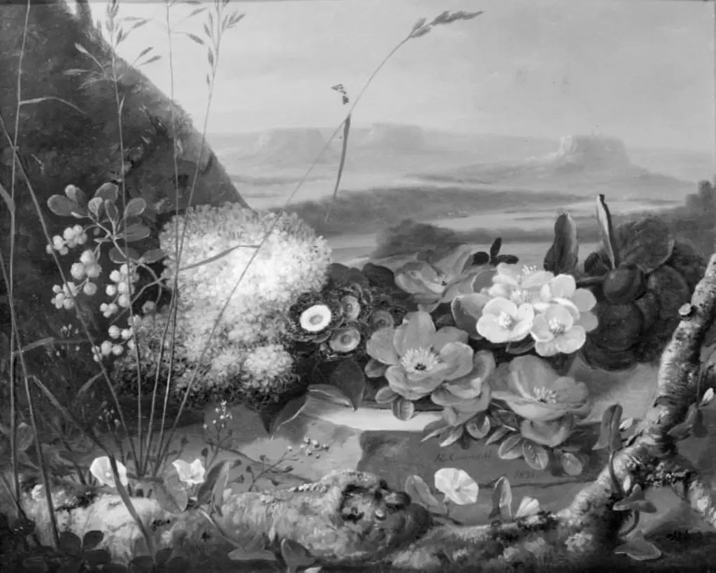 Blomster på en sten. I baggrunden et bjerglandskab, by Unknown, 1831
