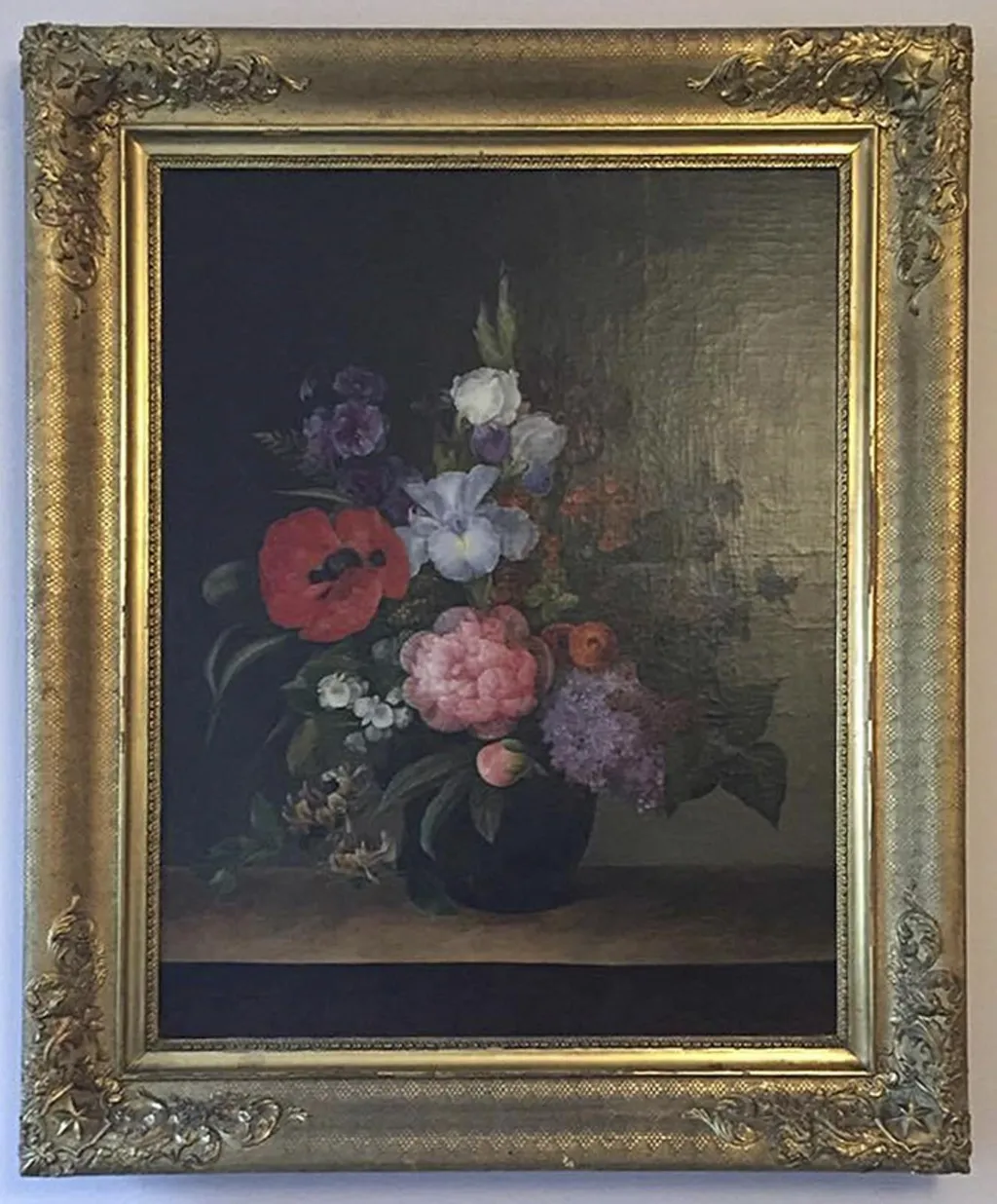 Blomsterbuket med valmue, syren og kaprifolium, by Unknown, 1841