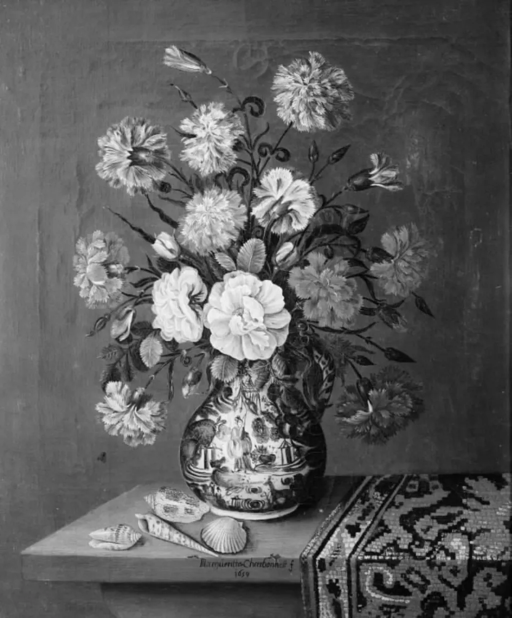 Blomsterbuket på et bord, by Unknown, 1659
