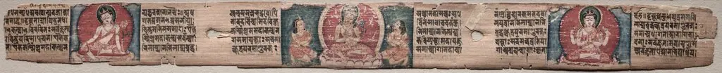 Bodhisattva Manjushri with two forms of Avalokiteshvara, folio 348 (recto) from a Gandavyuha-sutra (Scripture of the Supreme Array), by Unknown