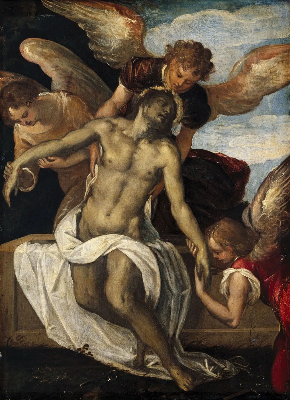 Body of Christ supported by Three Angels, by Unknown, unspecified, 1600