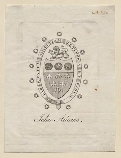 Bookplate:  Coat of Arms with John Adams inscribed below, by Unknown