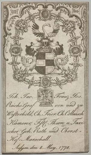 Bookplate: Johan. Jac. Franz-Joseph, Reichs-Graf von Westerhold, by Unknown