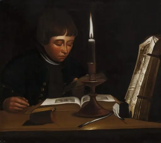 Boy Reading at Artificial Light, by Unknown
