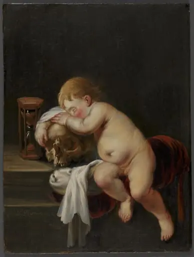 Boy sleeping on a Skull, by Unknown