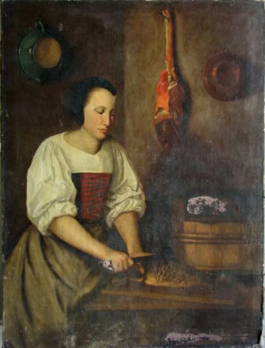 Bucătăreasă curățind peșe, by Unknown, unspecified, 1699