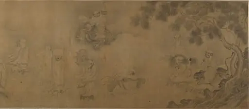 明 /清  佚名   李公麟 偽款   龍王請齋圖   卷|Buddhist luohans crossing the sea to the palace of the dragon king, by Unknown, 1600