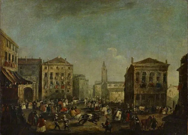 Bull-Baiting in the Campo Santo Stefano during the Venetian Carnival, by Unknown