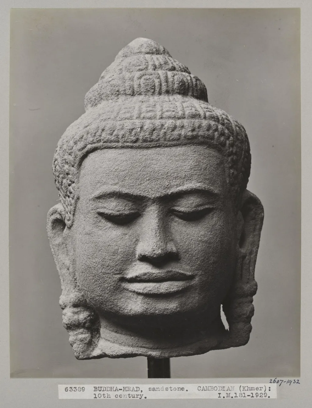 Cambodian Bayon style sandstone sculpture of head of Buddha, 10th century A.D., V&A Museum, London, by Unknown, photographic, 1924