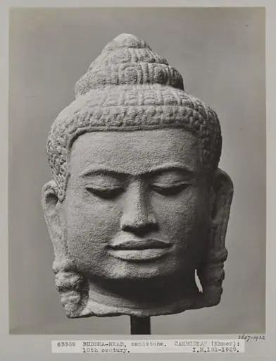 Cambodian Bayon style sandstone sculpture of head of Buddha, 10th century A.D., V&A Museum, London, by Unknown