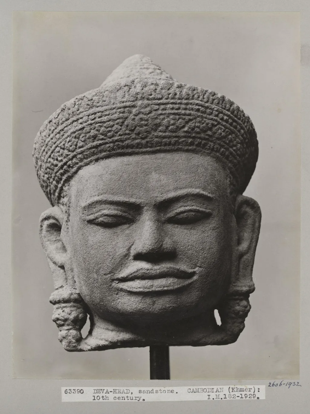 Cambodian sandstone sculpture of head of Deva, 10th century, V&A Museum, London, by Unknown, photographic, 1924
