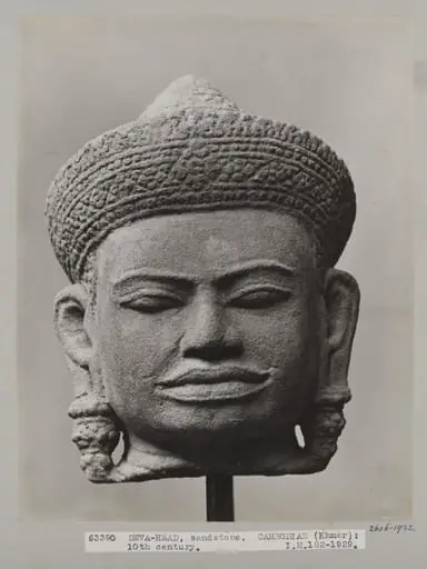 Cambodian sandstone sculpture of head of Deva, 10th century, V&A Museum, London, by Unknown