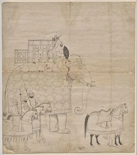 Caparisoned Elephant and Horses, by Unknown