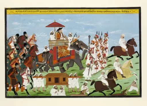 Captain James Tod riding an elephant with his companions and escort, by Unknown