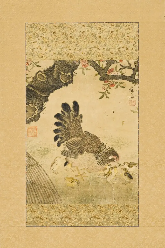 Cat under Chrysanthemums Hen and Chicks under Flower, by Unknown