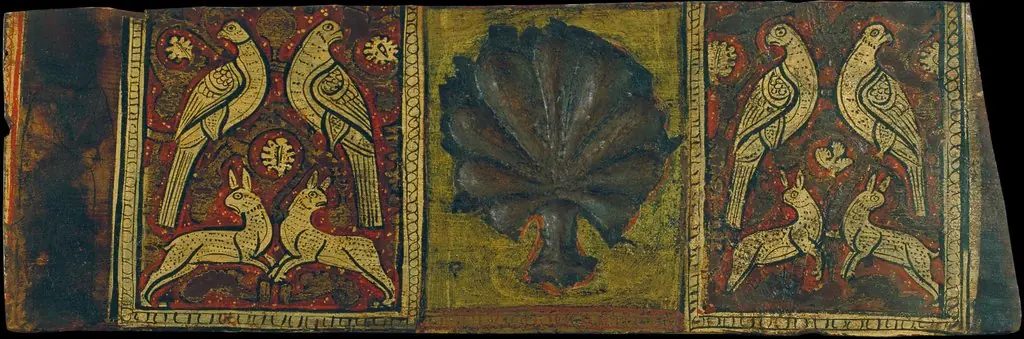 Ceiling panel with palm leaf, birds and four-legged animals, by Unknown
