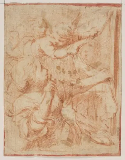 Cherub revealing a portrait to a young woman, by Unknown