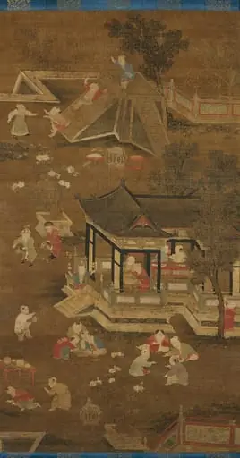元末明初    佚名    絹本設色    嬰戯圖  軸|Children playing in the palace garden, by Unknown, 1385