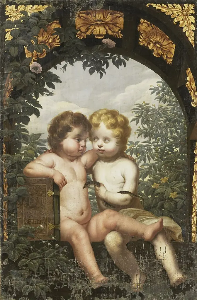 Christian Allegory with two Children with a Bible and Snake, by Unknown