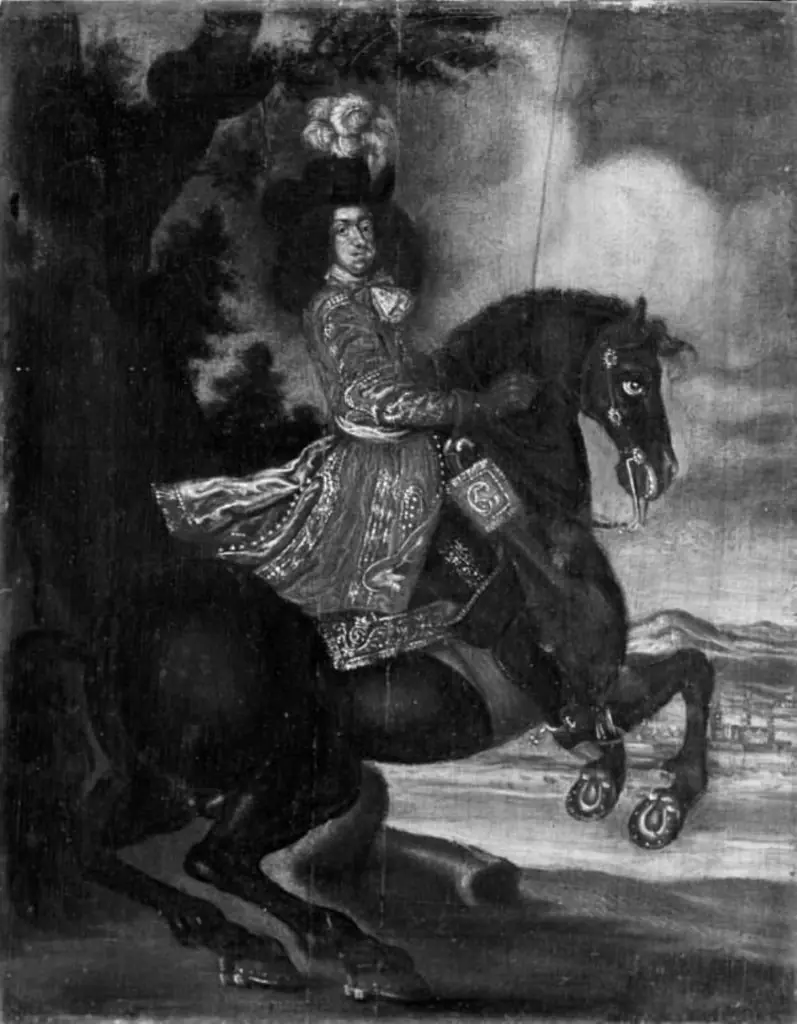 Christian V til hest, by Unknown
