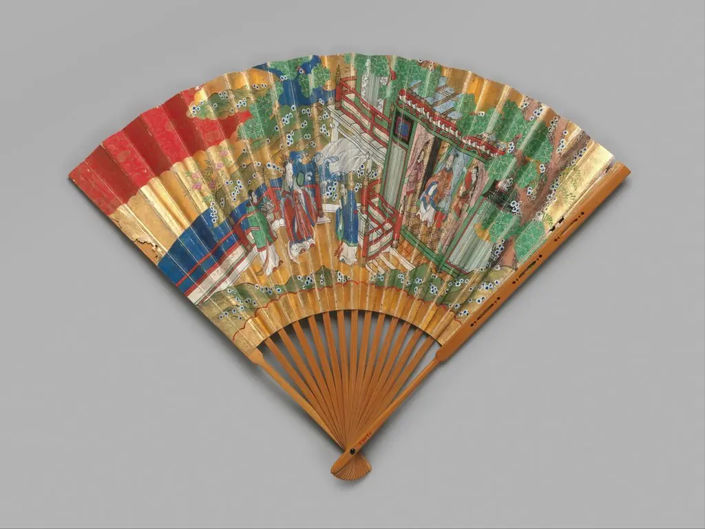 Chūkei Fan with Queen Mother of the West and King Mu of Zhou (obverse) and Plum Tree and Young Pines (reverse), by Unknown