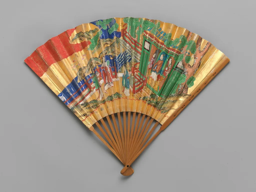 Chūkei Fan with Queen Mother of the West and King Mu of Zhou (obverse) and Plum Tree and Young Pines (reverse), by Unknown, unspecified, 1849