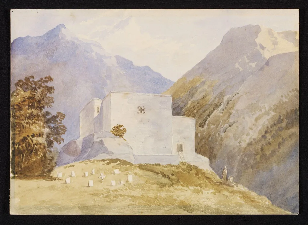 Church of Nestorian Christians Cochanez Kurdistan the seat of their Patriarchabout 1850, by Unknown, watercolor, 1850