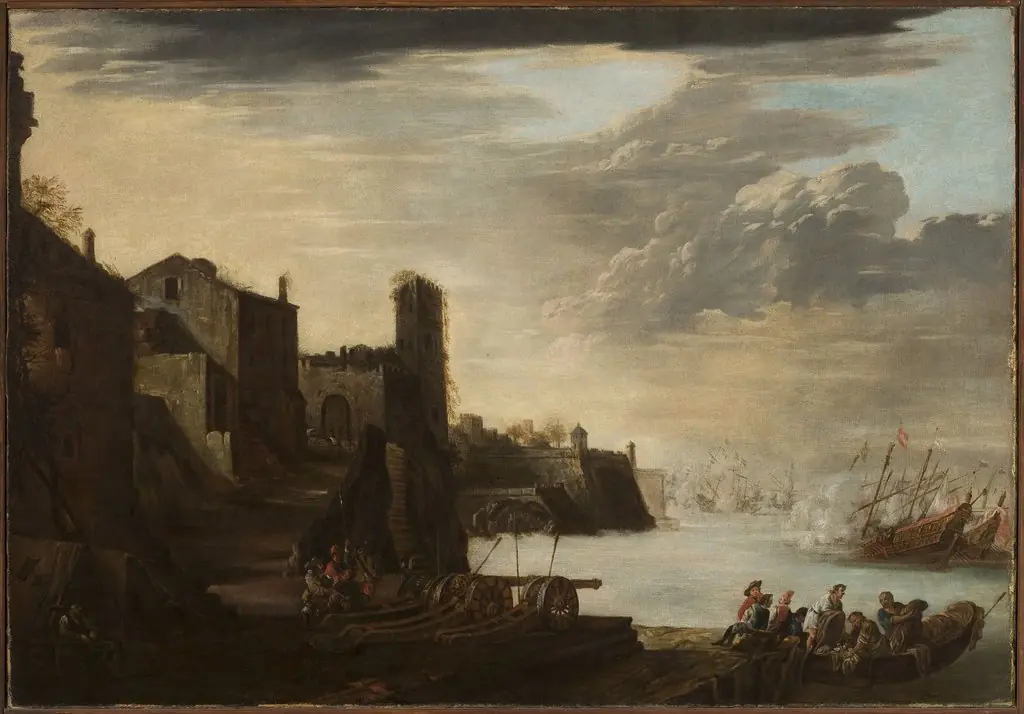 City defending against the attack of ships, by Unknown