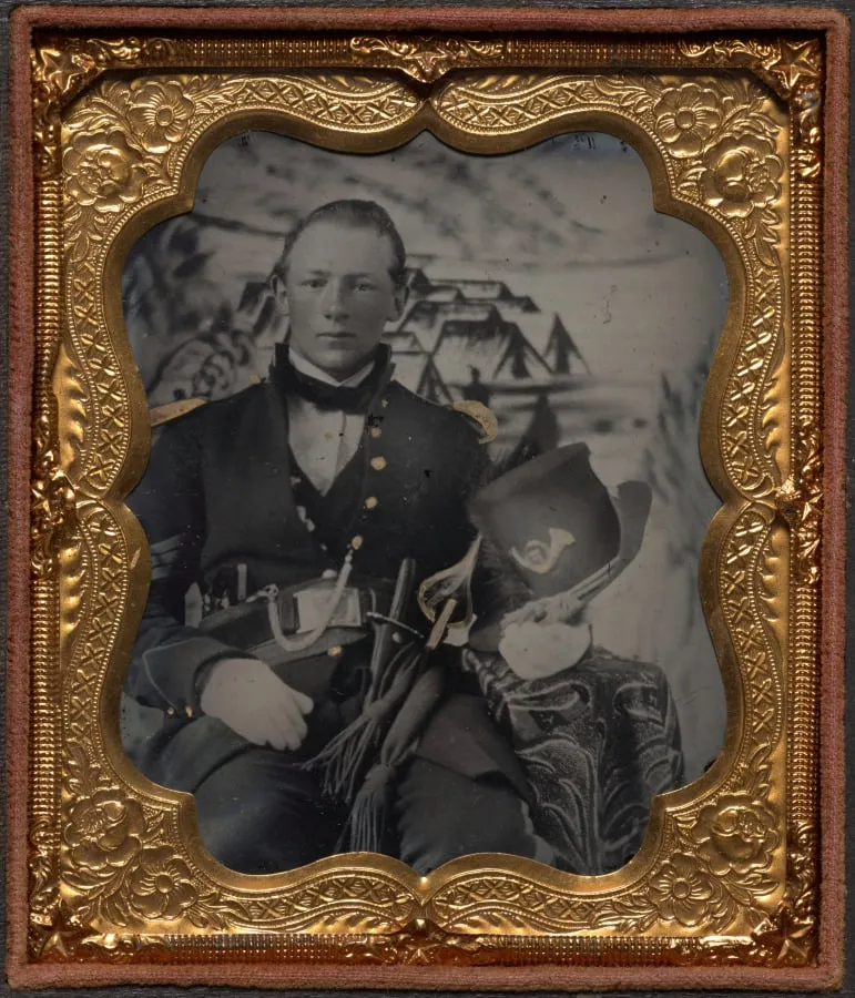 Civil War soldier with painted bivouac background, by Unknown, 1863