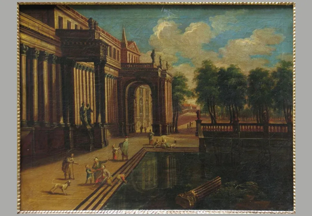 Clădire cu bazin de apă ; pandant: Clădire cu canal de apă, by Unknown, 1699
