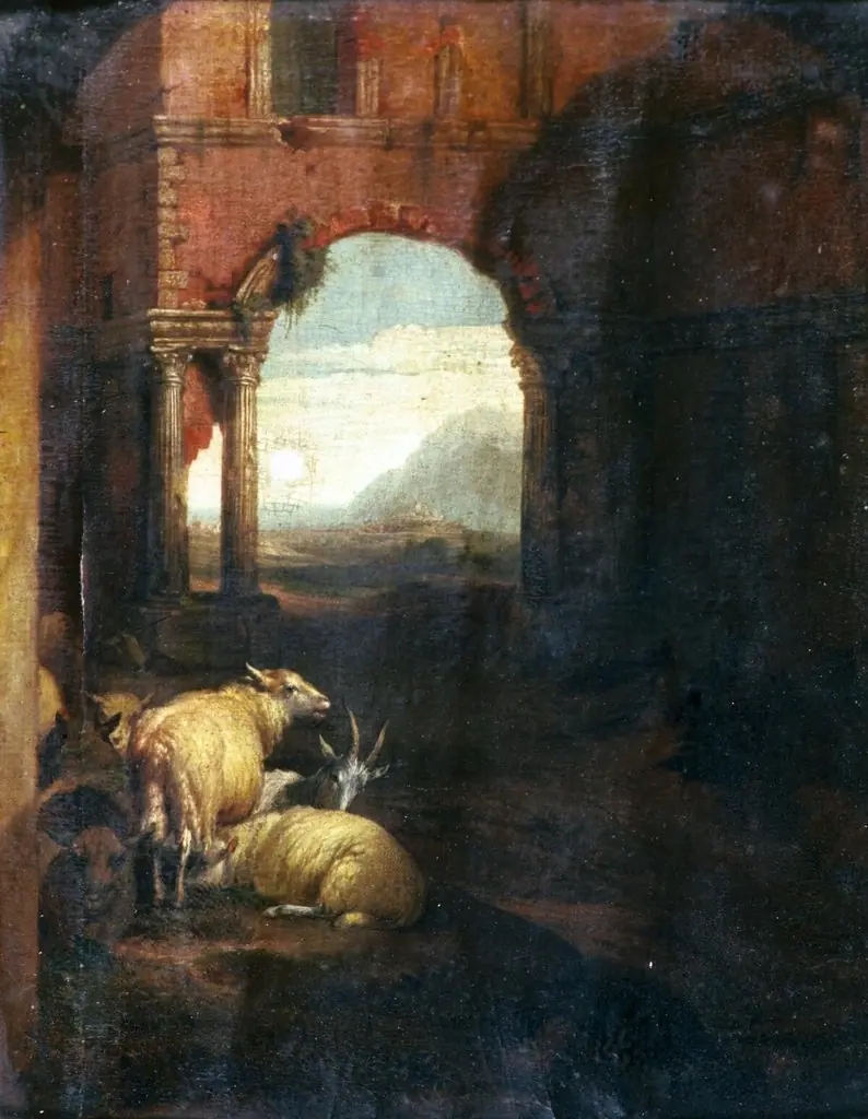 Classical landscape with sheep and goat, by Unknown, 1860