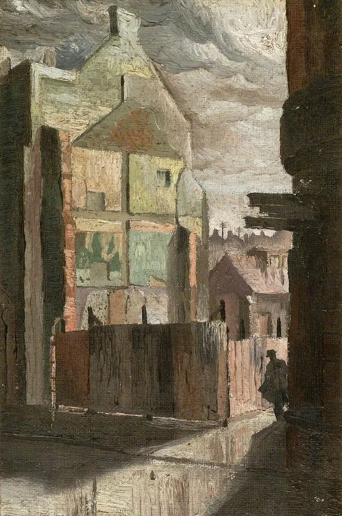 Cleared Site with Hoarding and a Figure, by Unknown