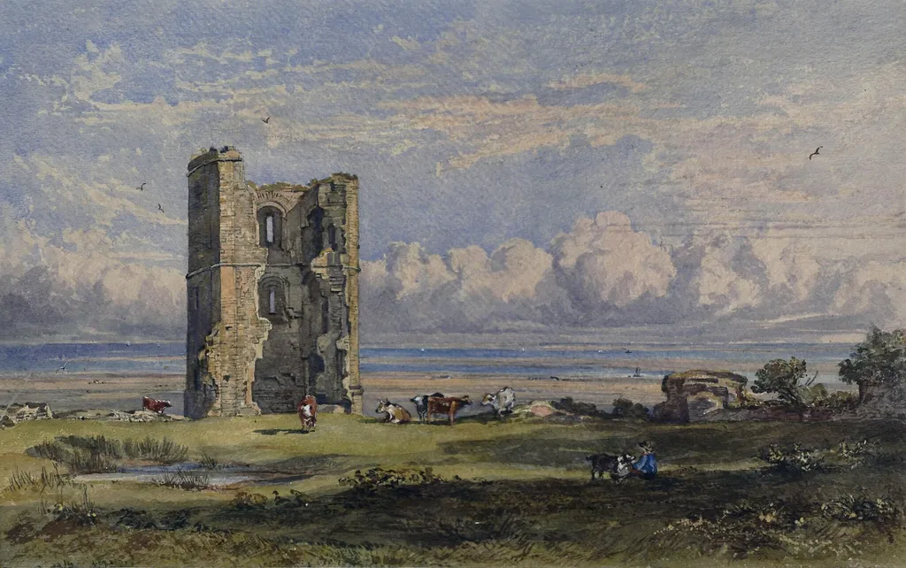 Coastal scene with tower and cows, by Unknown, watercolor, 1850