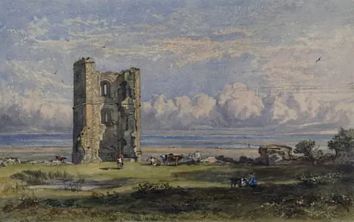 Coastal scene with tower and cows, by Unknown