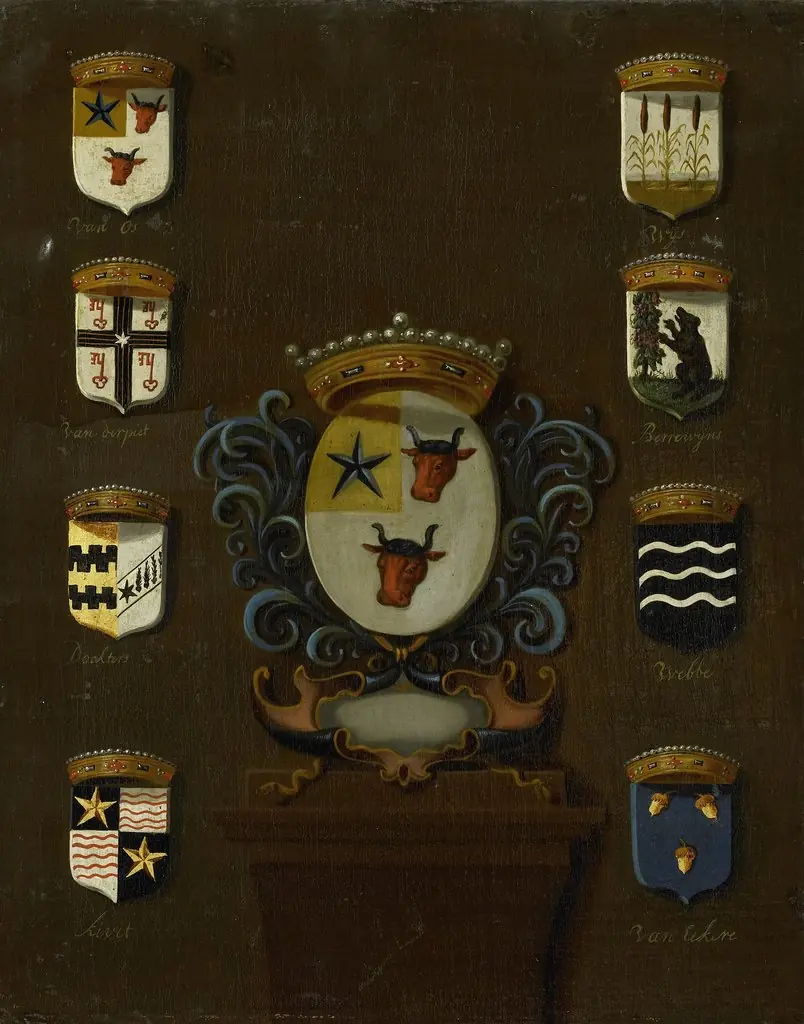 Coat of Arms of Sara van Os, Wife of Jan van Reyersbergh with its eight quarterings, by Unknown